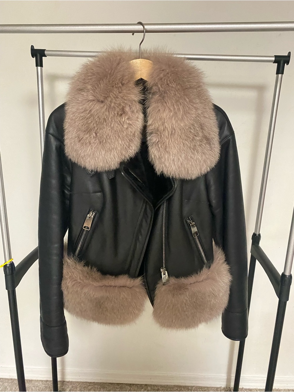 Real Leather Aviator Jacket with Taupe Fur Trim - Women Small Sz NEW